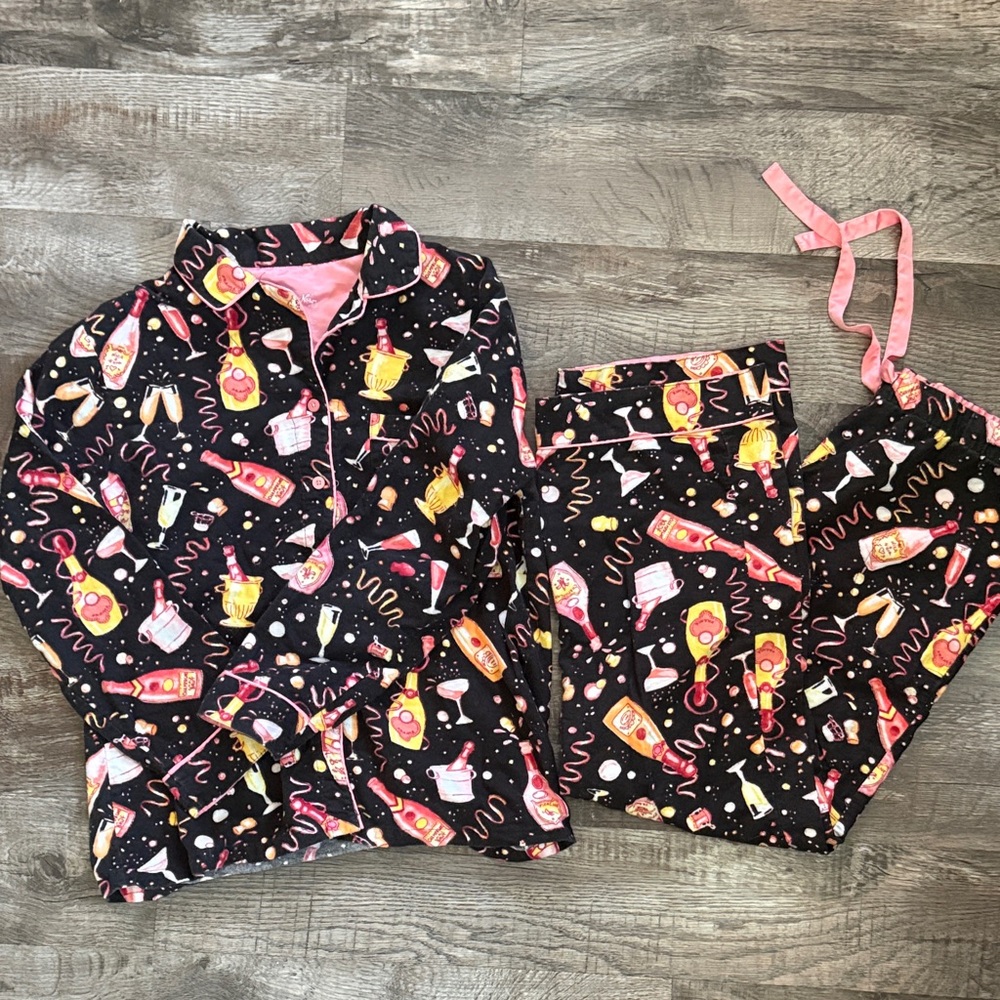 Nick & Nora Black & Pink Pajama Set Champagne Celebration New Years - Medium